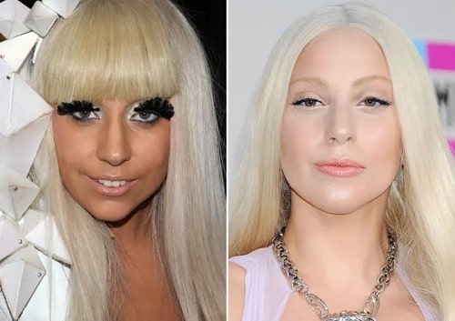 A picture of The before (left) and after (right) picture of Lady Gaga.